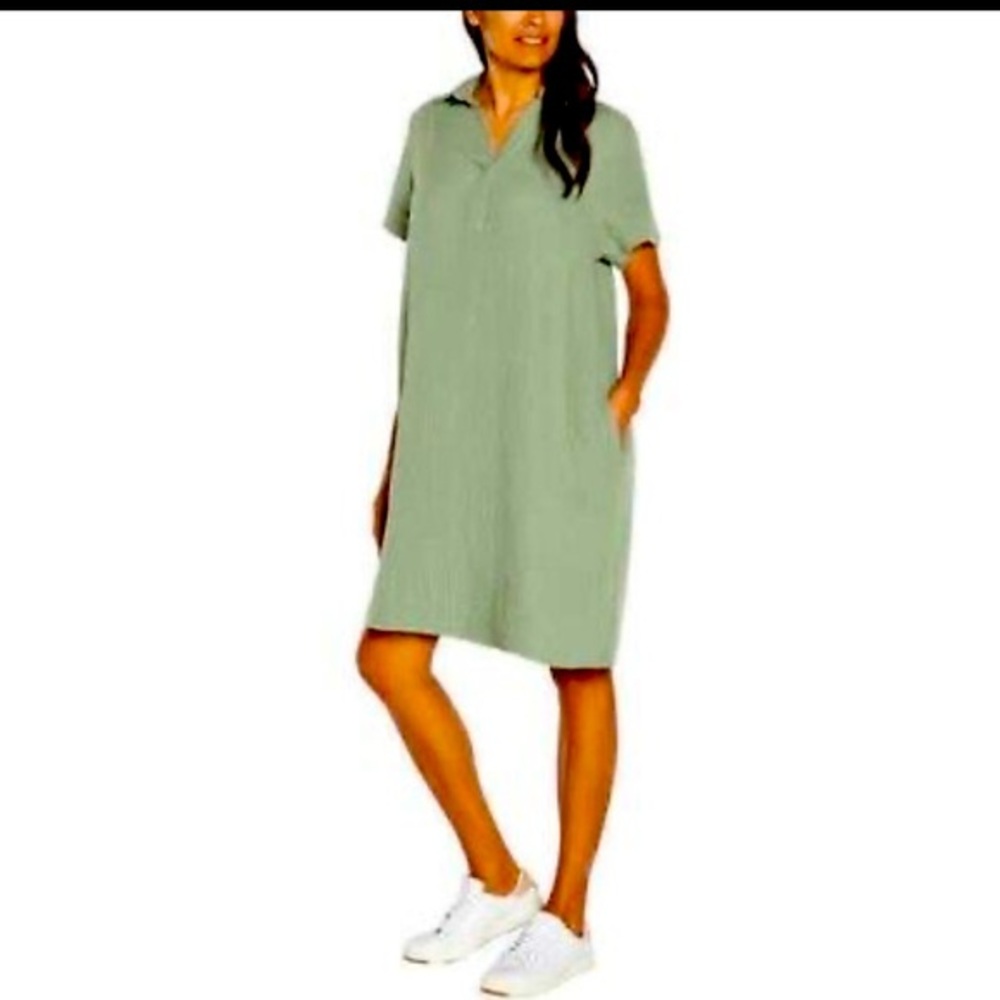 Three Dots Olive Green Gauze  Dress - L olive green , cotton gauze, pockets